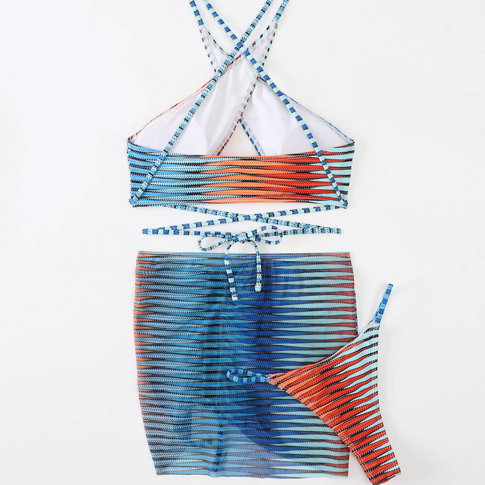 Tropic Striped String Wrap Around Cross Brazilian Three Piece Bikini