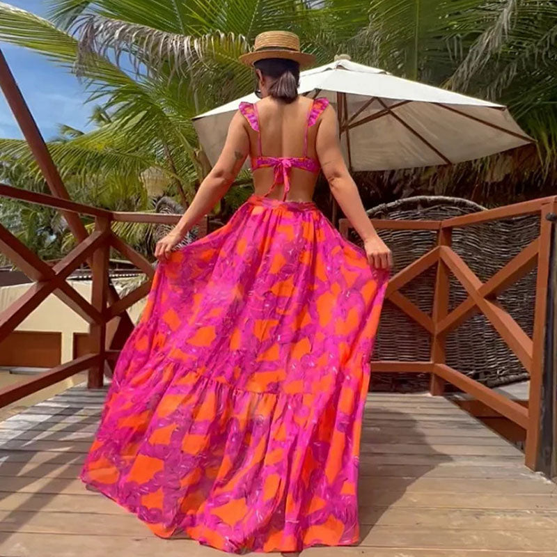 Tropical Contrast Rope Print High Waist Tie Up High Split Maxi Cover Up Sarong