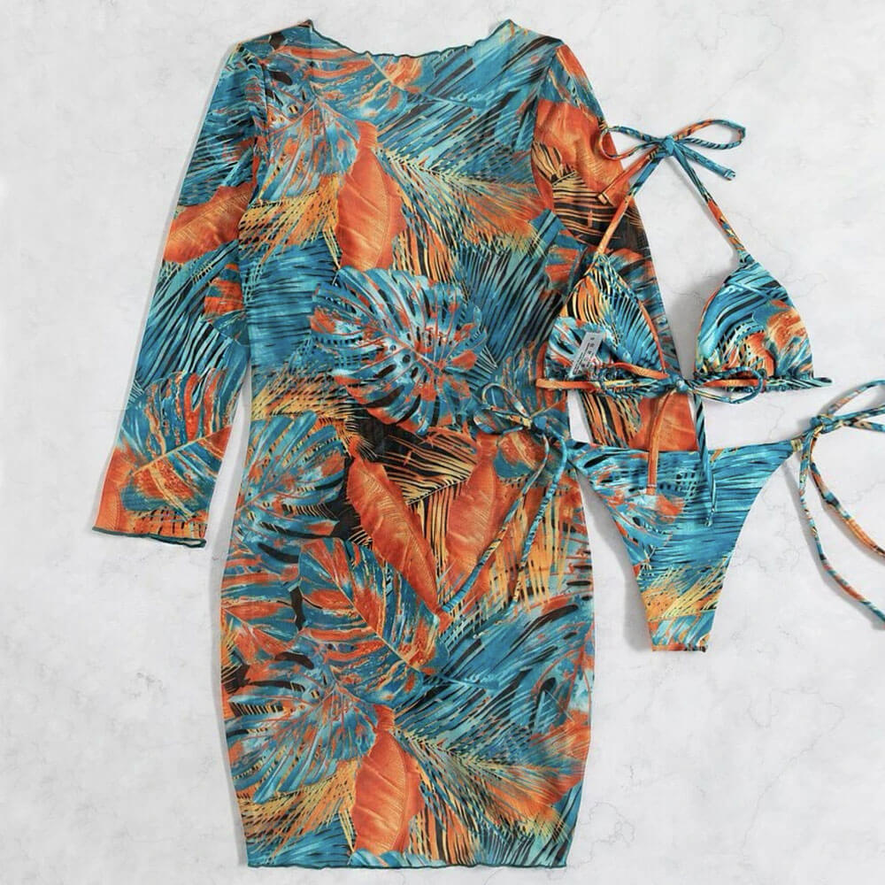 Tropical Drawstring Slide Triangle Brazilian Three Piece Bikini