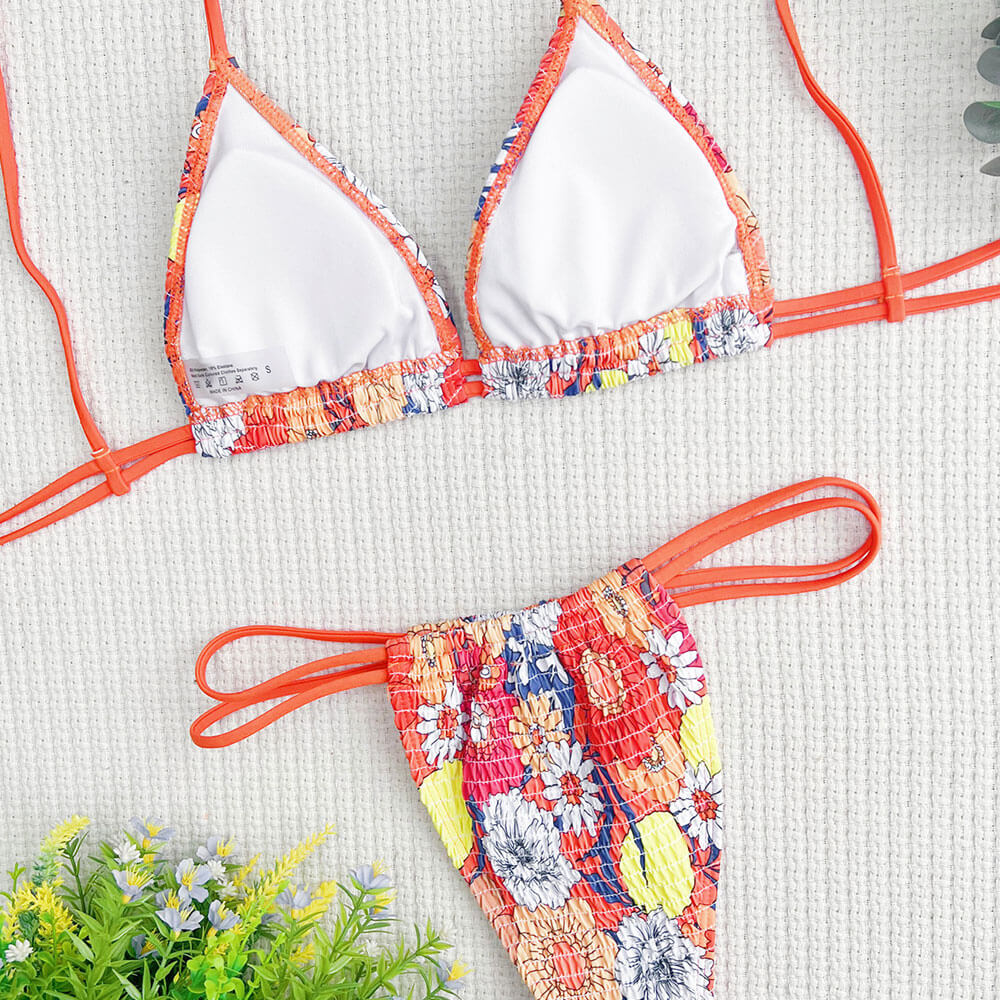 Tropical Floral String Slide Smocked Triangle Brazilian Two Piece Bikini