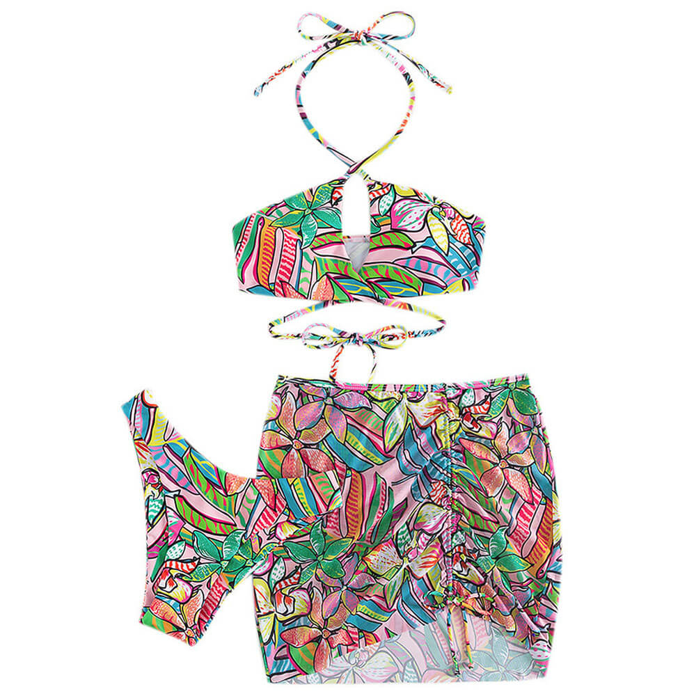 Tropical High Leg Cheeky Printed Wrap Around Brazilian Three Piece Bikini