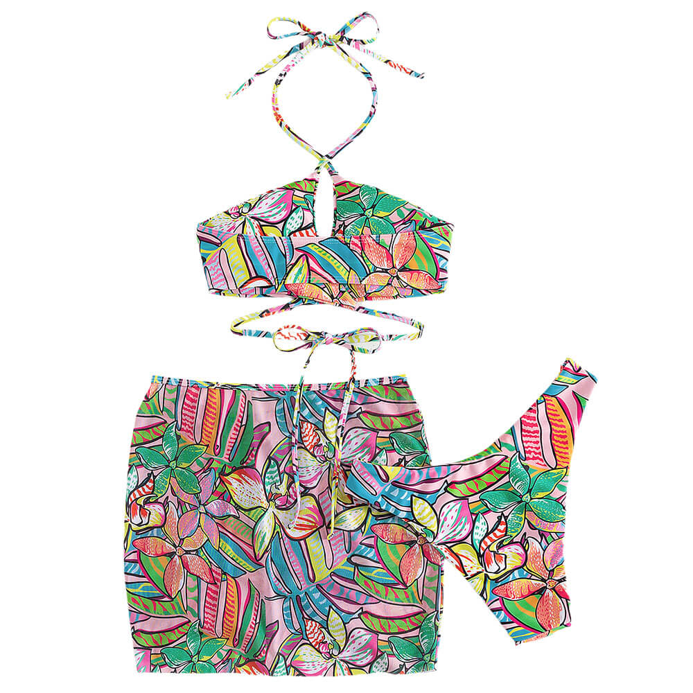 Tropical High Leg Cheeky Printed Wrap Around Brazilian Three Piece Bikini