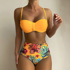 Tropical High Waist Ruched Underwire Tie Back Brazilian Two Piece Bikini