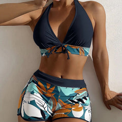 Tropical High Wast Boy Short Halter Brazilian Two Piece Bikini