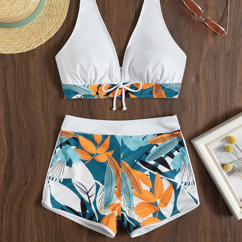 Tropical High Wast Boy Short Halter Brazilian Two Piece Bikini