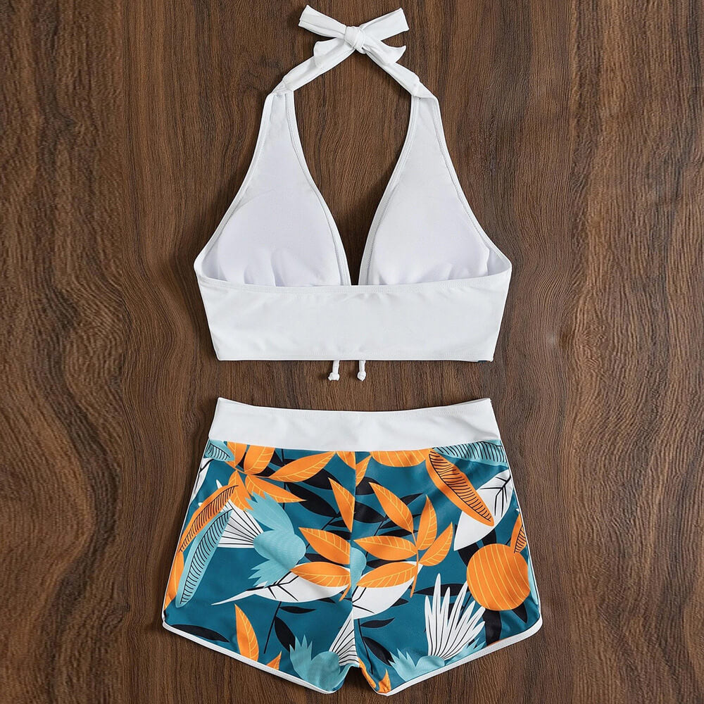 Tropical High Wast Boy Short Halter Brazilian Two Piece Bikini