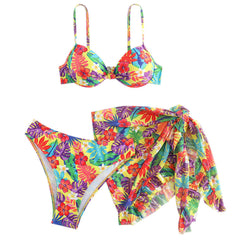 Tropical Moderate High Cut Floral Print Push Up Brazilian Three Piece Bikini