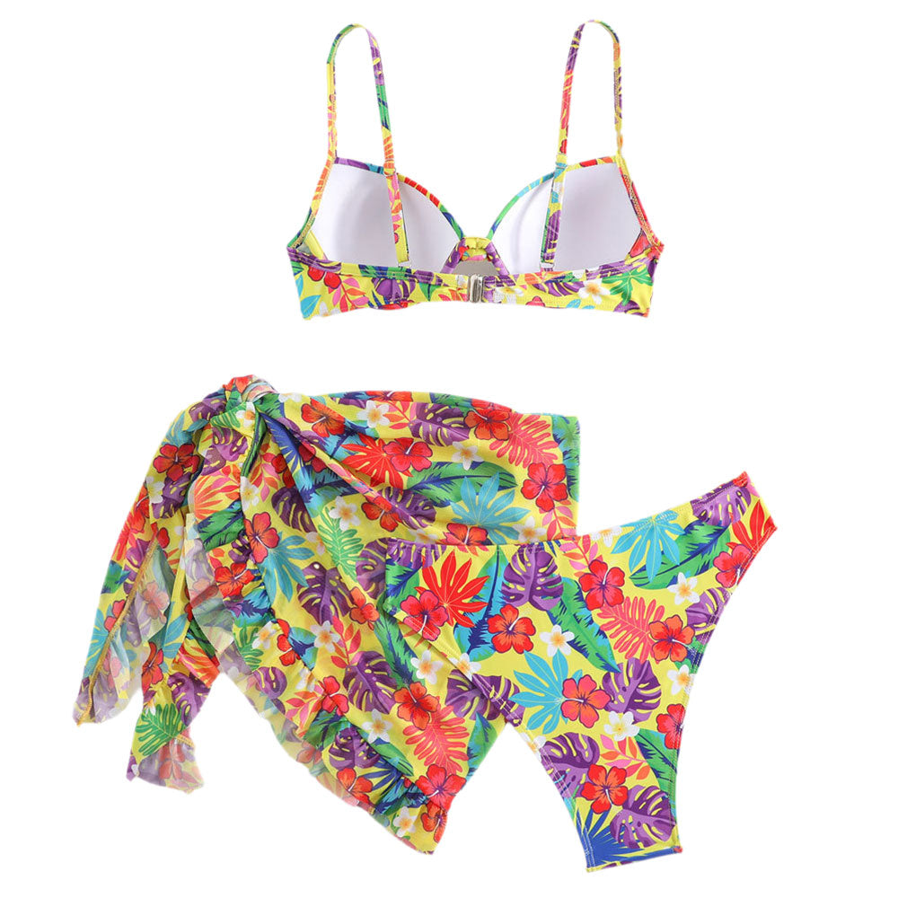 Tropical Moderate High Cut Floral Print Push Up Brazilian Three Piece Bikini