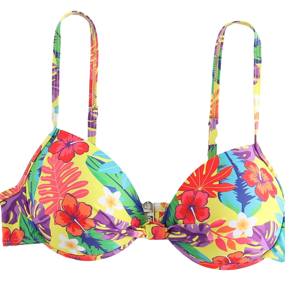 Tropical Moderate High Cut Floral Print Push Up Brazilian Three Piece Bikini
