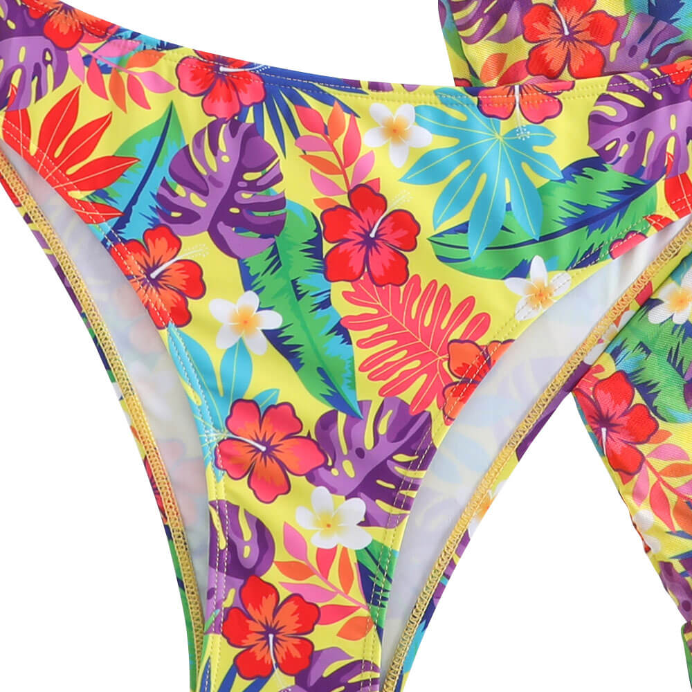 Tropical Moderate High Cut Floral Print Push Up Brazilian Three Piece Bikini