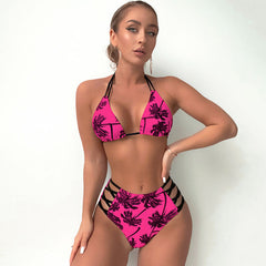 Tropical Palm Print Cut Out Slide Triangle Brazilian Two Piece Bikini