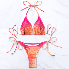 Tropical Print Tie String Cheeky Slide Triangle Brazilian Two Piece Bikini