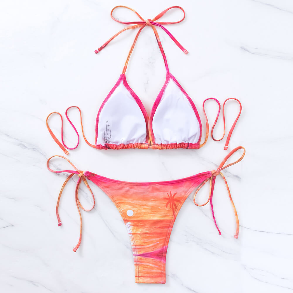 Tropical Print Tie String Cheeky Slide Triangle Brazilian Two Piece Bikini