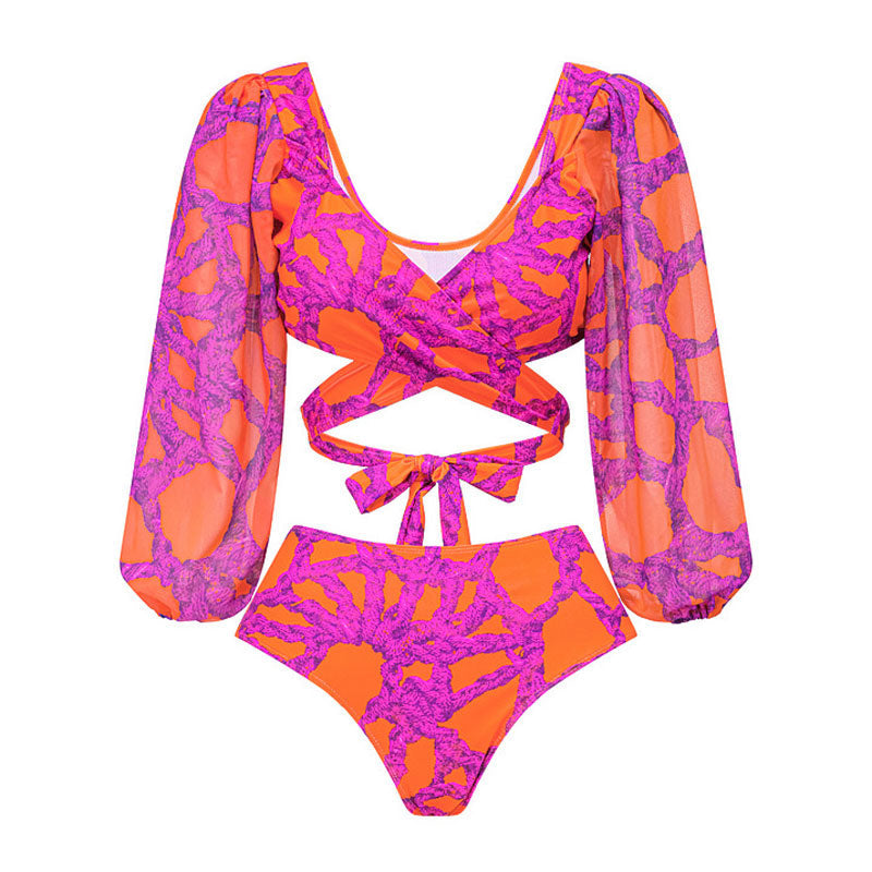Tropical Rope Print High Waist Bishop Sleeve Wrap Brazilian Two Piece Bikini