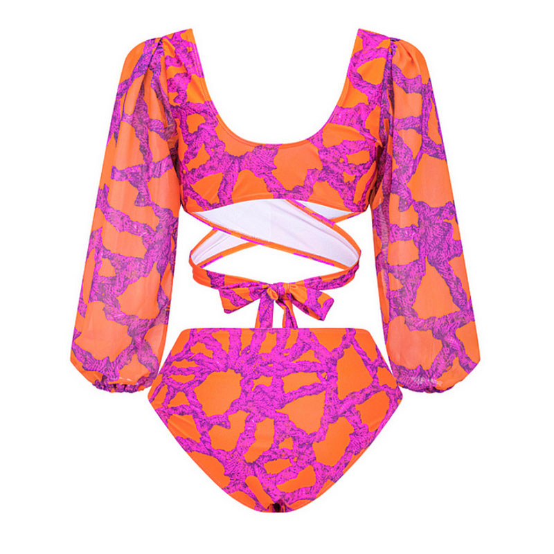 Tropical Rope Print High Waist Bishop Sleeve Wrap Brazilian Two Piece Bikini
