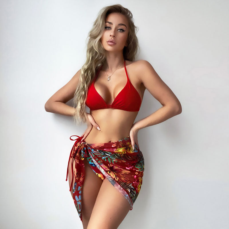 Tropical Sarong Slide Triangle String Brazilian Three Piece Bikini