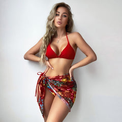 Tropical Sarong Slide Triangle String Brazilian Three Piece Bikini
