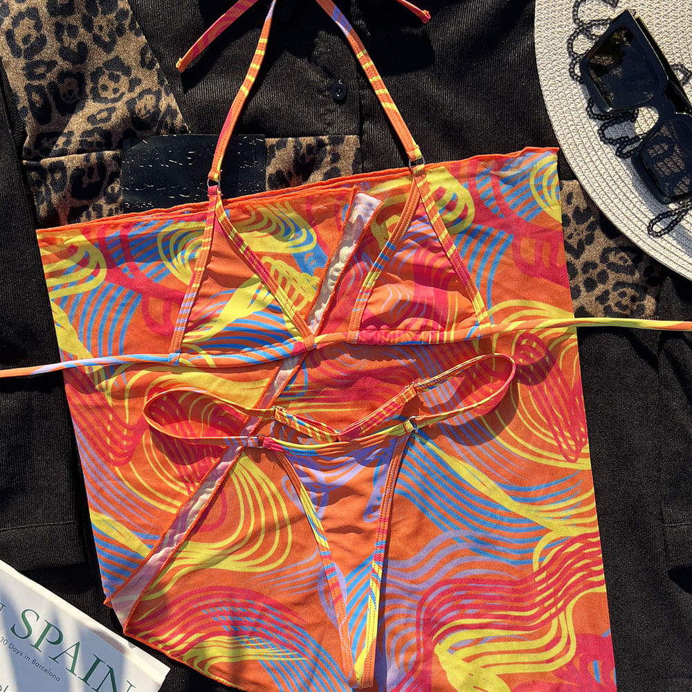 Tropical Stripe String Thong Slide Micro Triangle Brazilian Three Piece Bikini
