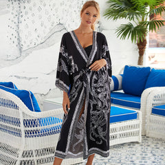 Tropical Style Printed Belted Kimono Sleeve Brazilian Beach Cover Up