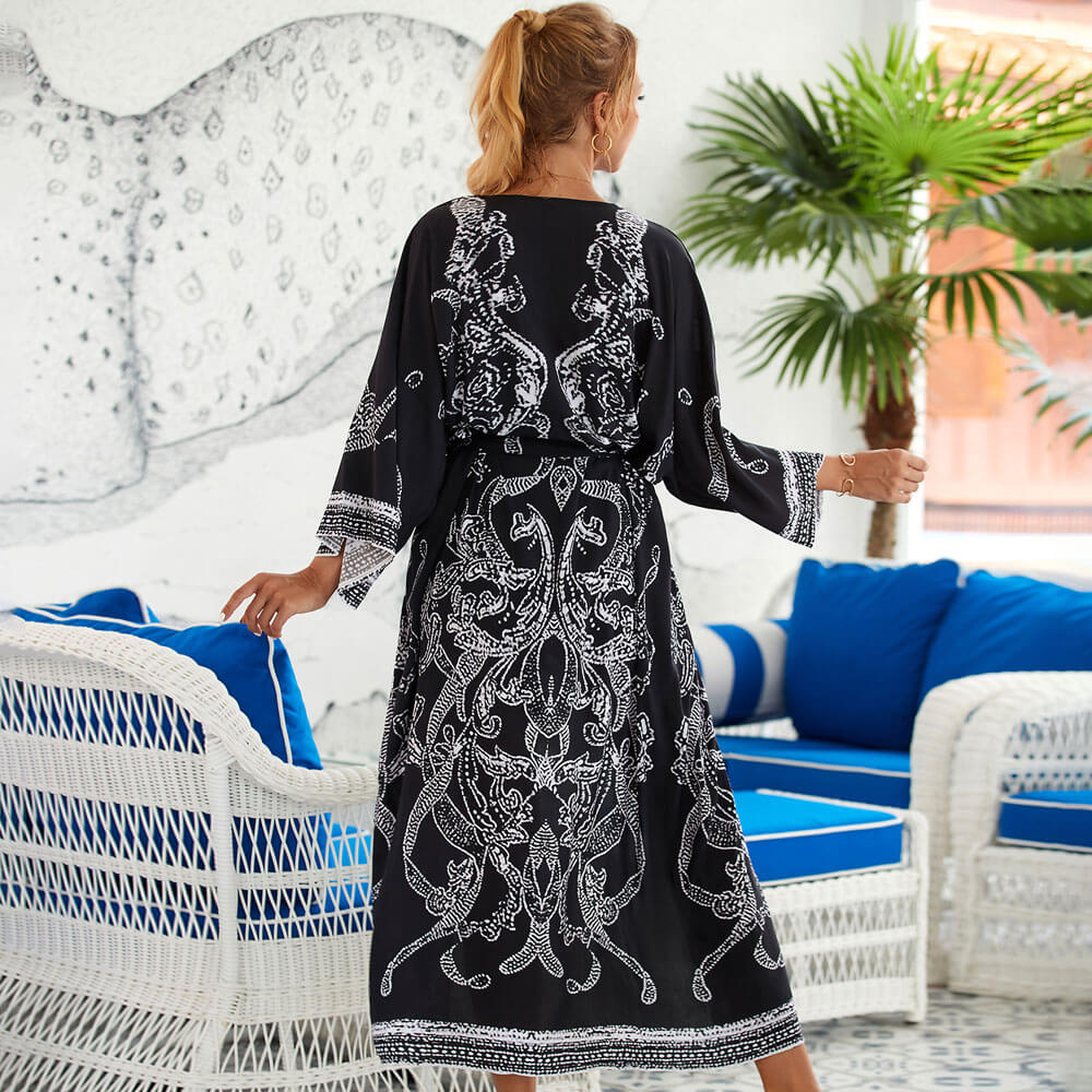 Tropical Style Printed Belted Kimono Sleeve Brazilian Beach Cover Up