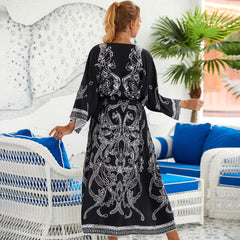 Tropical Style Printed Belted Kimono Sleeve Brazilian Beach Cover Up