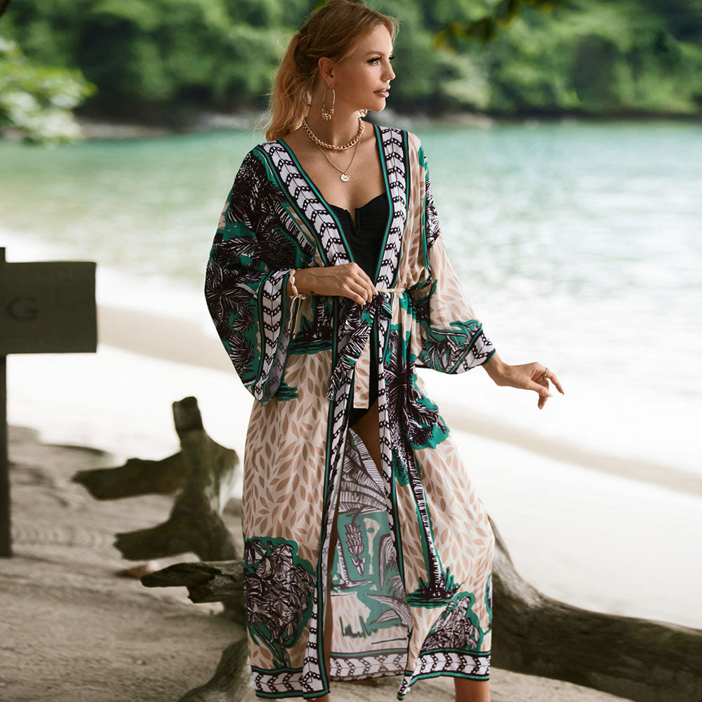 Tropical Style Printed Belted Kimono Sleeve Brazilian Beach Cover Up