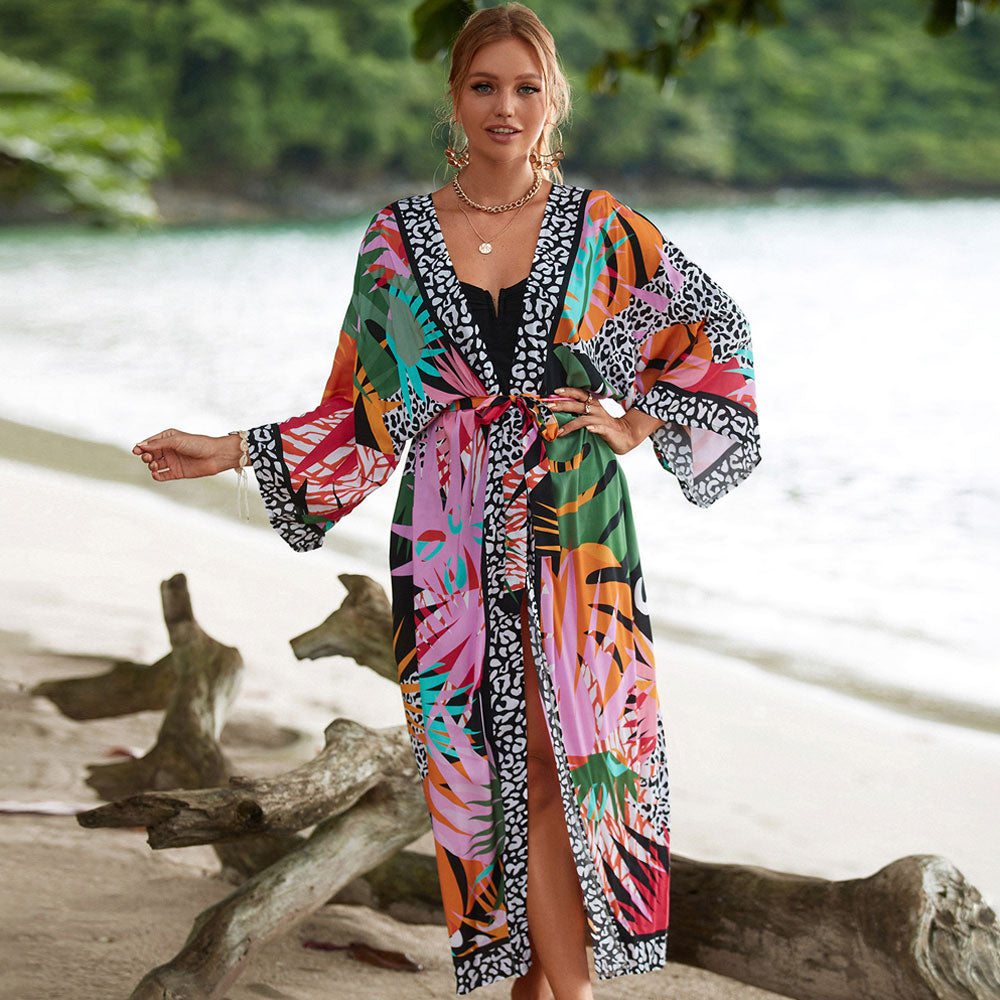 Tropical Style Printed Belted Kimono Sleeve Brazilian Beach Cover Up