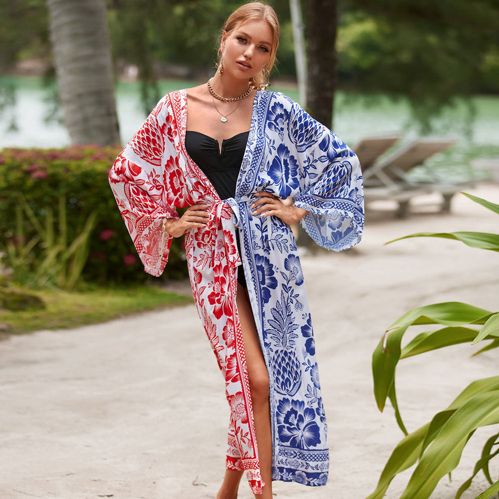 Tropical Style Printed Belted Kimono Sleeve Brazilian Beach Cover Up