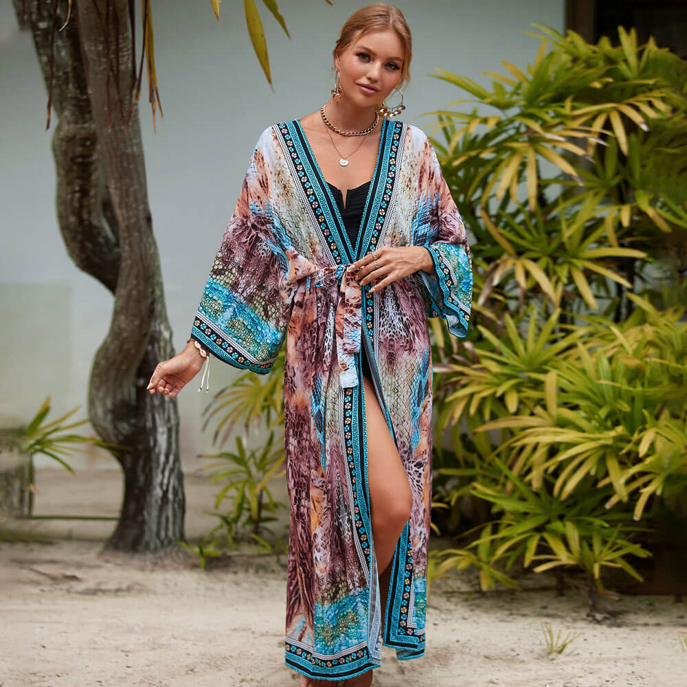 Tropical Style Printed Belted Kimono Sleeve Brazilian Beach Cover Up