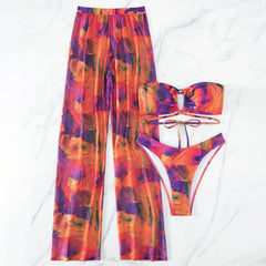 Tropical Tie Dye Cover Up High Cut Wrap Bandeau Brazilian Three Piece Bikini