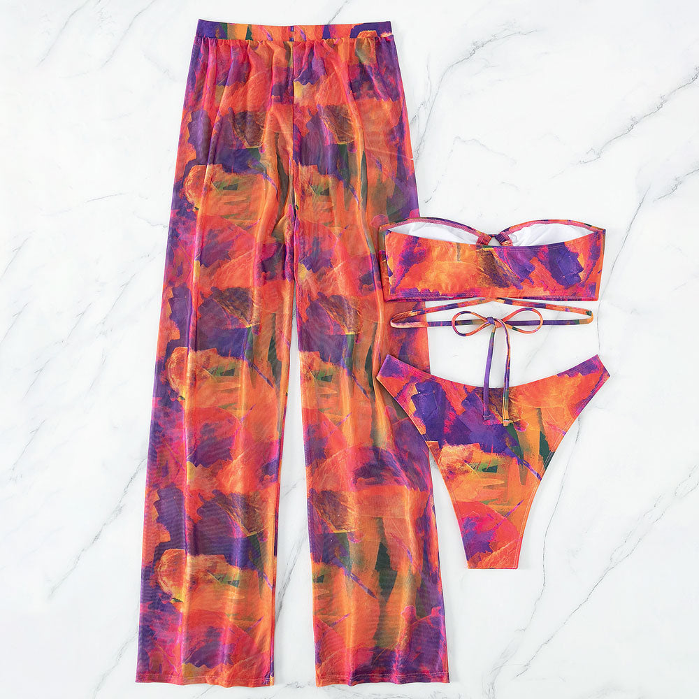 Tropical Tie Dye Cover Up High Cut Wrap Bandeau Brazilian Three Piece Bikini