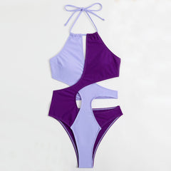 Unique Contrast Moderated Cut Out Layered Halter Brazilian One Piece Swimsuit
