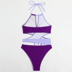 Unique Contrast Moderated Cut Out Layered Halter Brazilian One Piece Swimsuit
