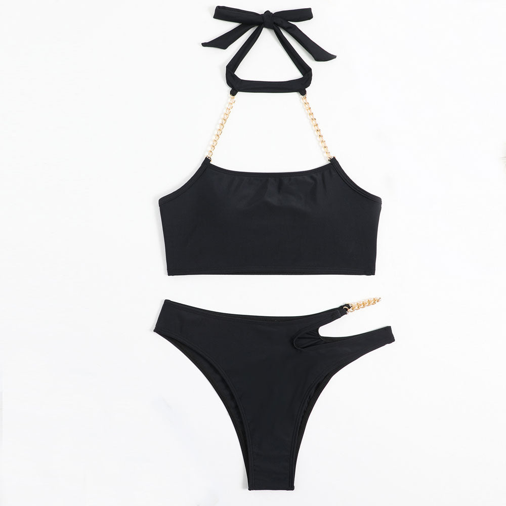 Unique Cutout Cheeky Chain Link Halter Brazilian Two Piece Bikini