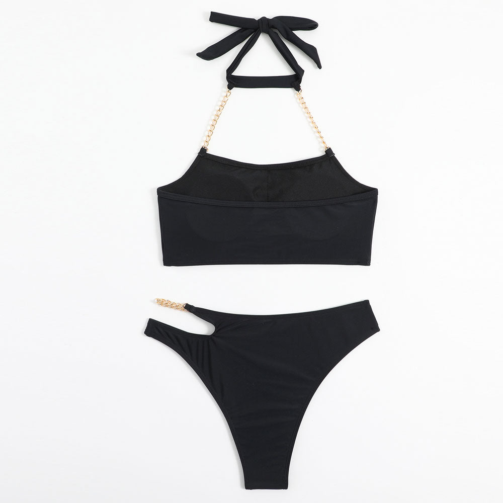 Unique Cutout Cheeky Chain Link Halter Brazilian Two Piece Bikini