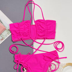 Unique Ruched Cheeky Wrap Cross Halter Brazilian Two Piece Bikini