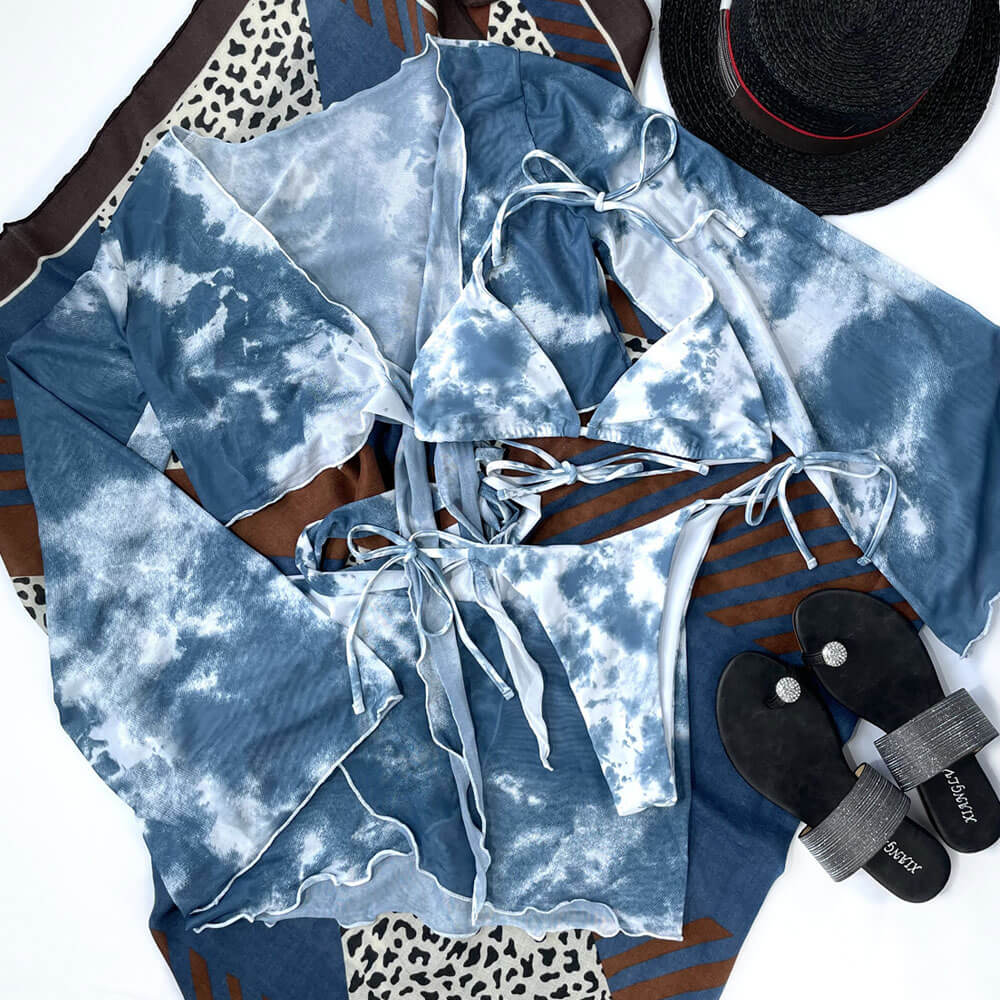 Unique Tie Dye Slide Triangle String Brazilian Four Piece Bikini