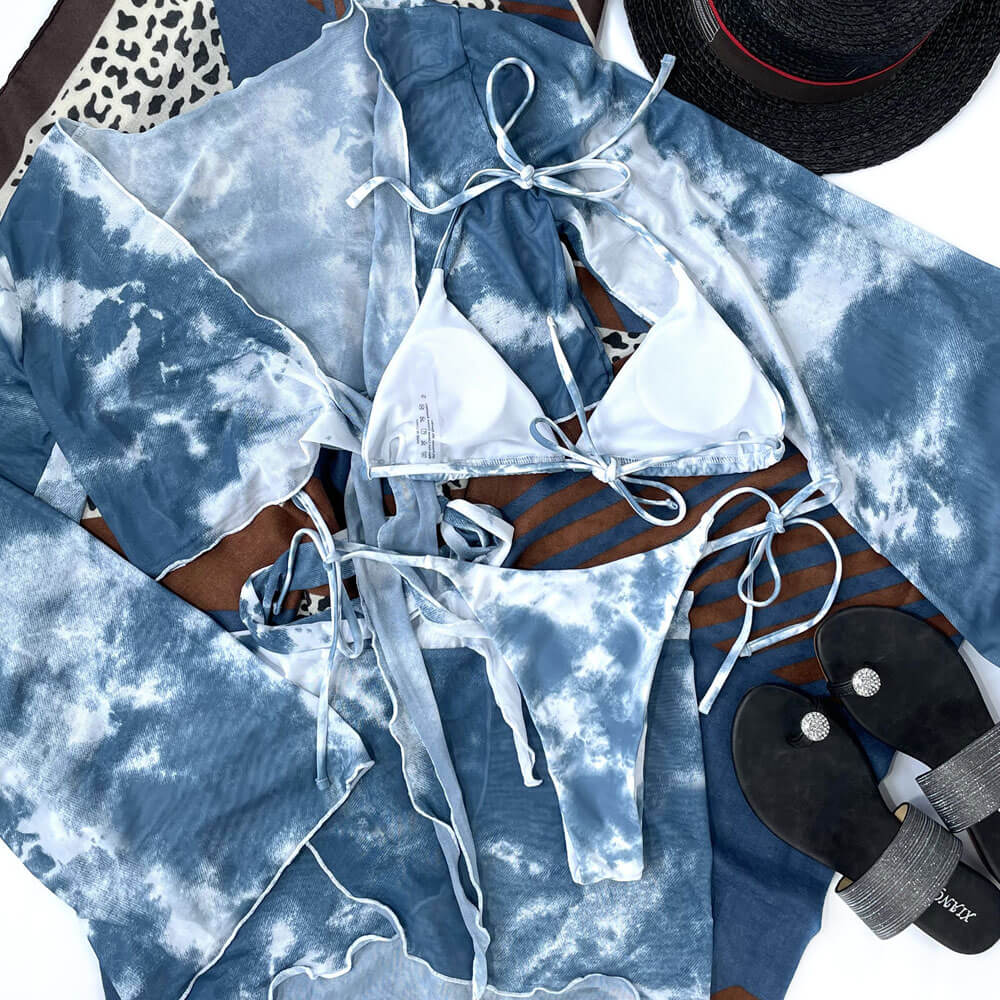 Unique Tie Dye Slide Triangle String Brazilian Four Piece Bikini