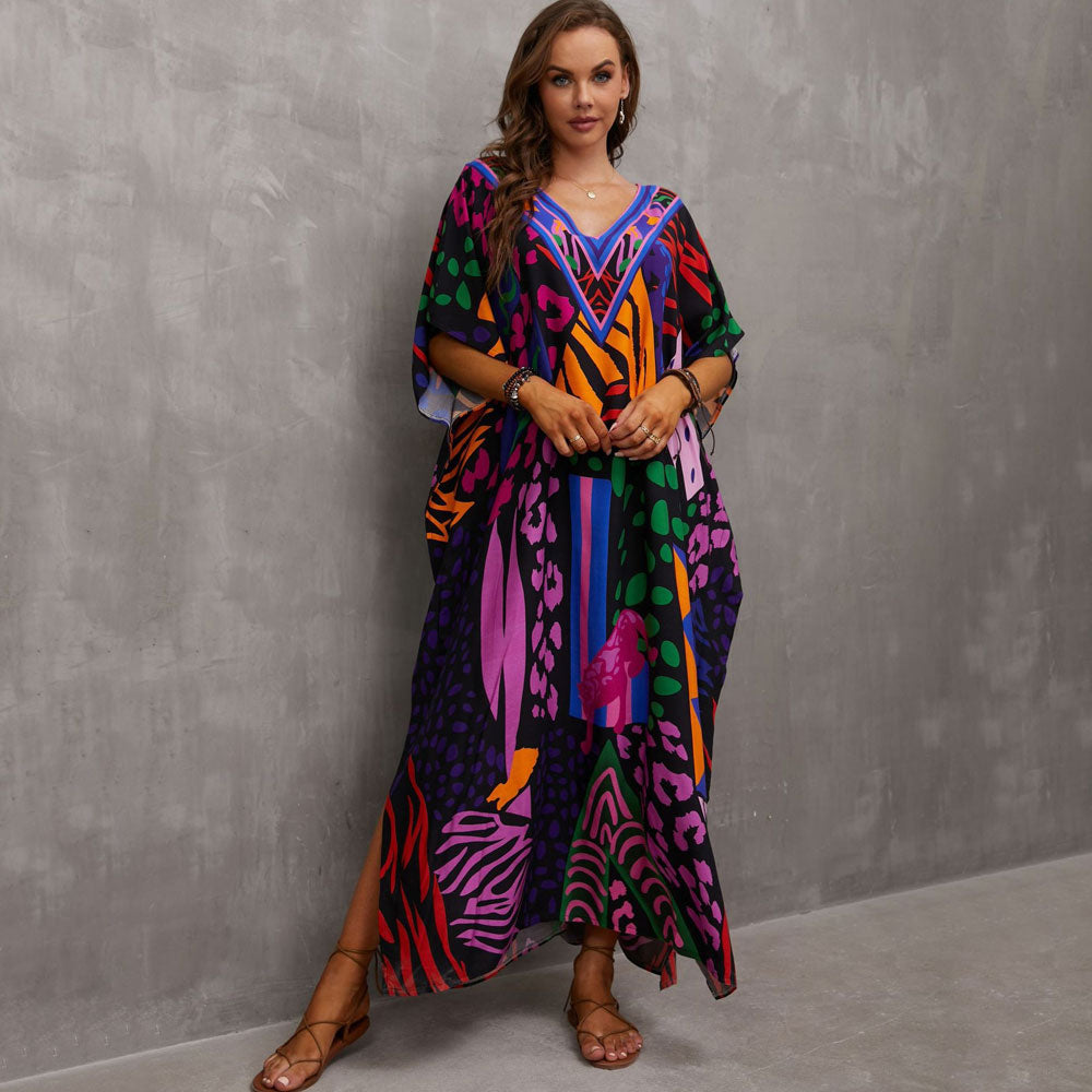 Vibrant Printed V Neck Short Sleeve Cotton Blend Caftan Beach Cover Up