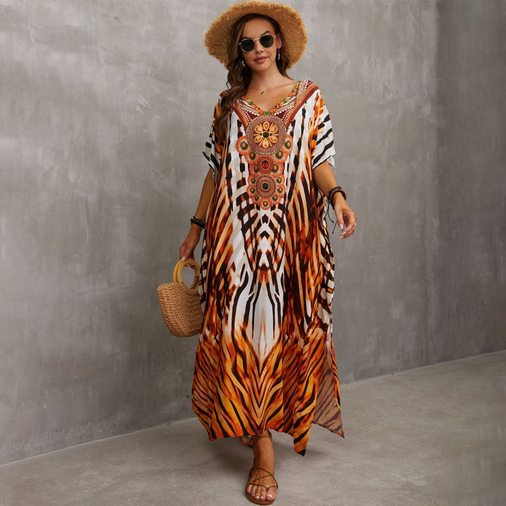 Vibrant Printed V Neck Short Sleeve Cotton Blend Caftan Beach Cover Up
