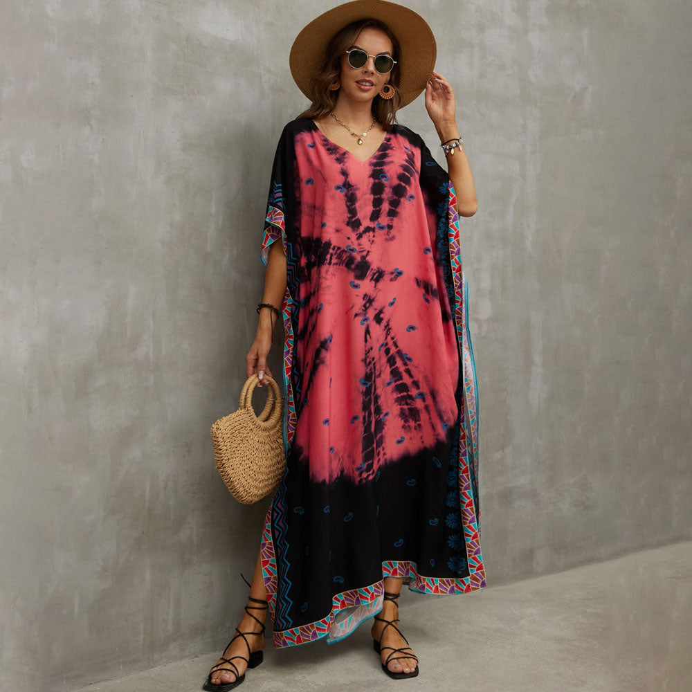 Vibrant Printed V Neck Short Sleeve Cotton Blend Caftan Beach Cover Up
