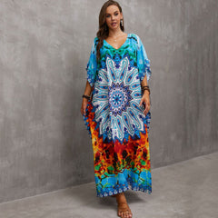 Vibrant Printed V Neck Short Sleeve Cotton Blend Caftan Beach Cover Up