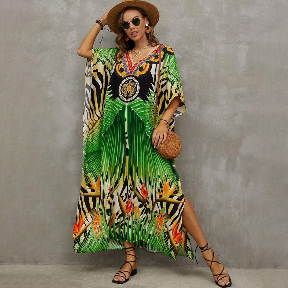 Vibrant Printed V Neck Short Sleeve Cotton Blend Caftan Beach Cover Up
