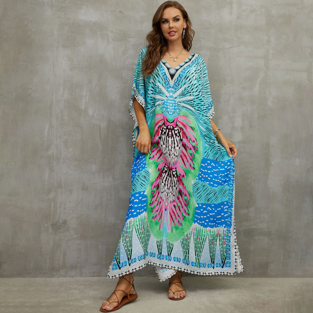 Vibrant Printed V Neck Short Sleeve Cotton Blend Caftan Beach Cover Up