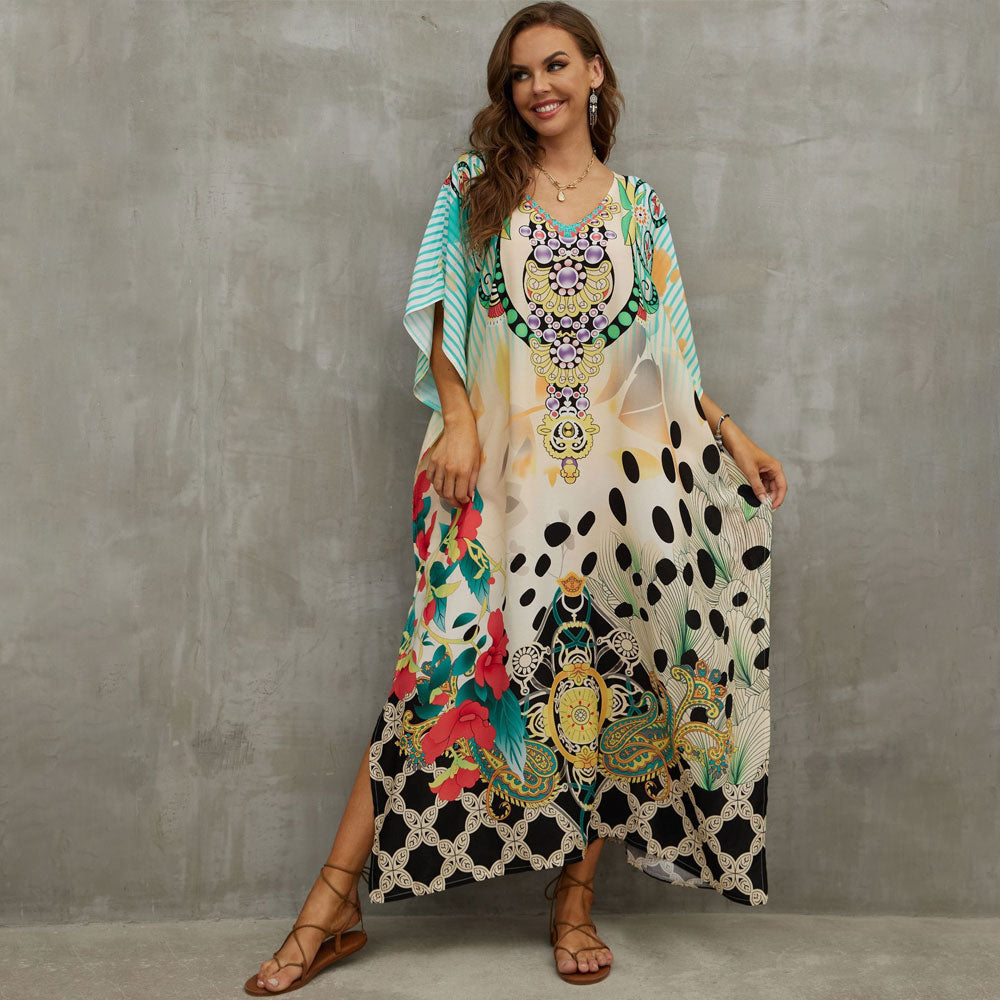 Vibrant Printed V Neck Short Sleeve Cotton Blend Caftan Beach Cover Up