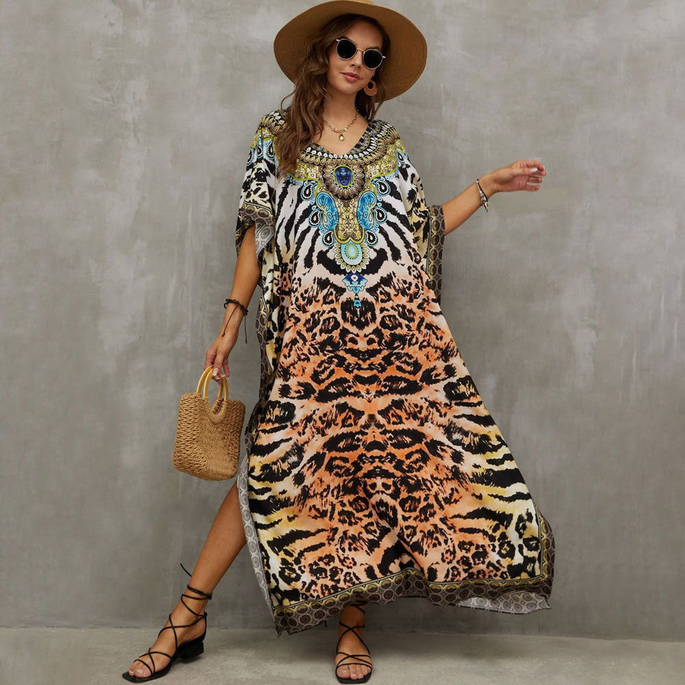 Vibrant Printed V Neck Short Sleeve Cotton Blend Caftan Beach Cover Up