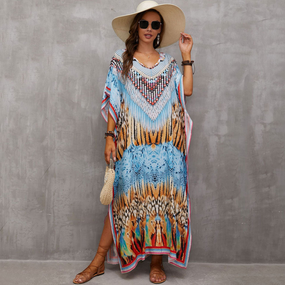 Vibrant Printed V Neck Short Sleeve Cotton Blend Caftan Beach Cover Up