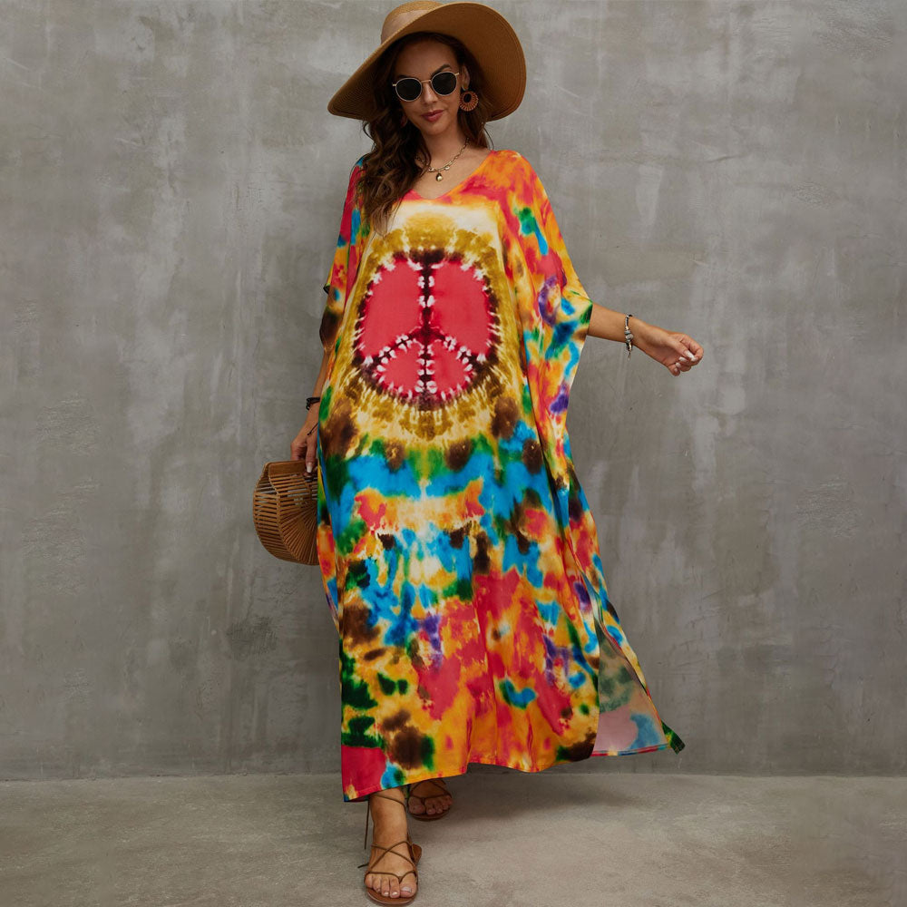 Vibrant Printed V Neck Short Sleeve Cotton Blend Caftan Beach Cover Up
