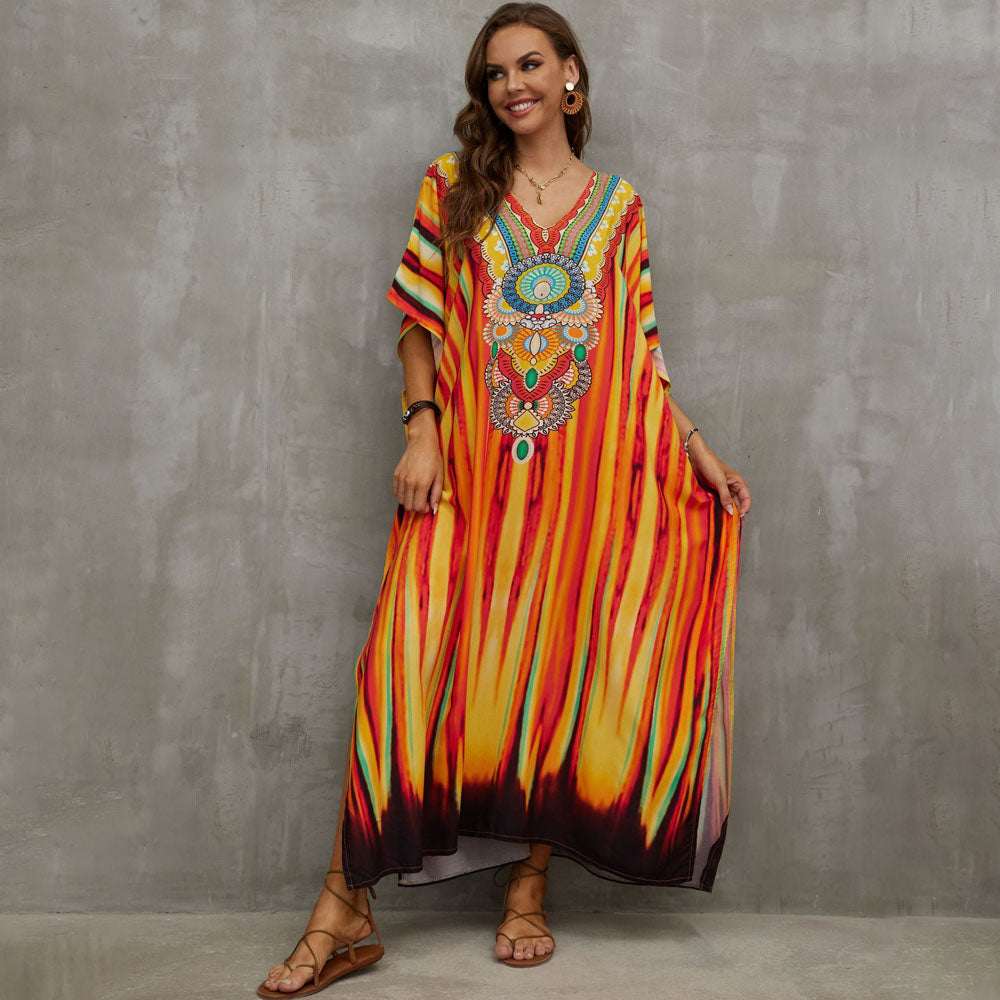 Vibrant Printed V Neck Short Sleeve Cotton Blend Caftan Beach Cover Up