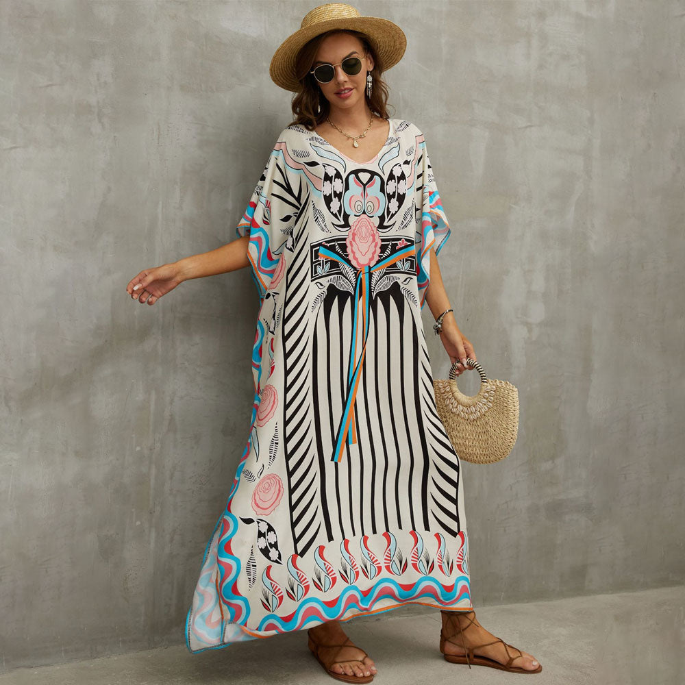 Vibrant Printed V Neck Short Sleeve Cotton Blend Caftan Beach Cover Up